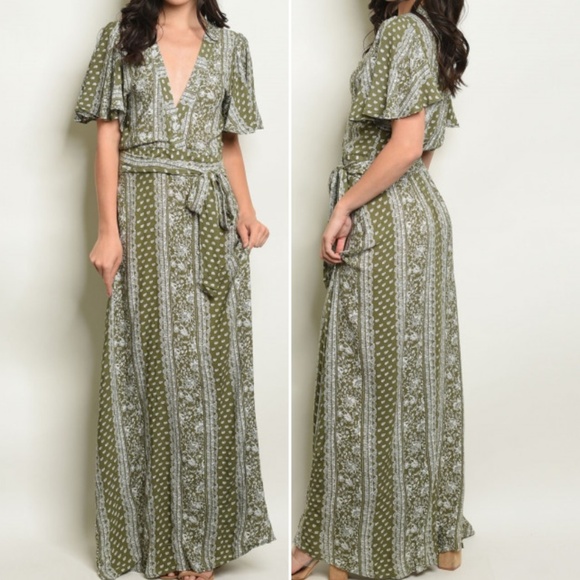OLIVE & IVORY PAISLEY PRINT  MAXI DRESS - Picture 1 of 8